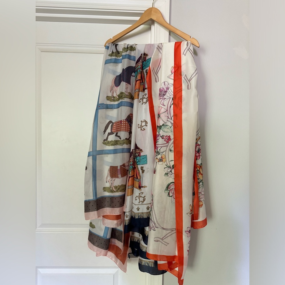 three long silk scarves - horse, floral, coastal